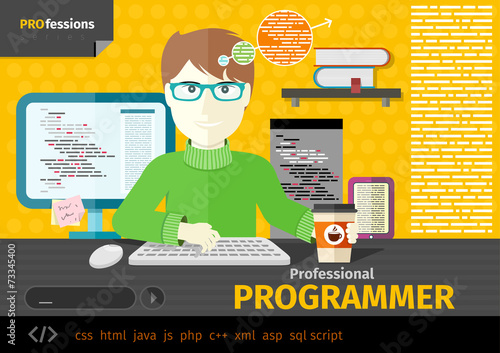 Male programmer with digital devices on workplace