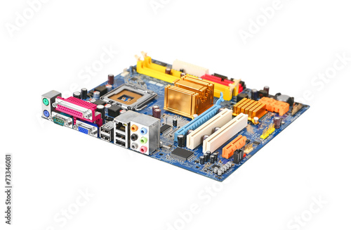 Printed computer motherboard, isolated on white background