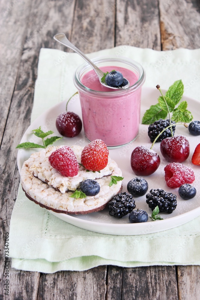 Healthy breakfast with dietary rice waffles, yogurt and berries. Healthy breakfast with dietary rice waffles, yogurt and berries.