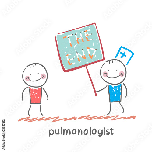 pulmonologist shows the patient a poster of the words " the end"