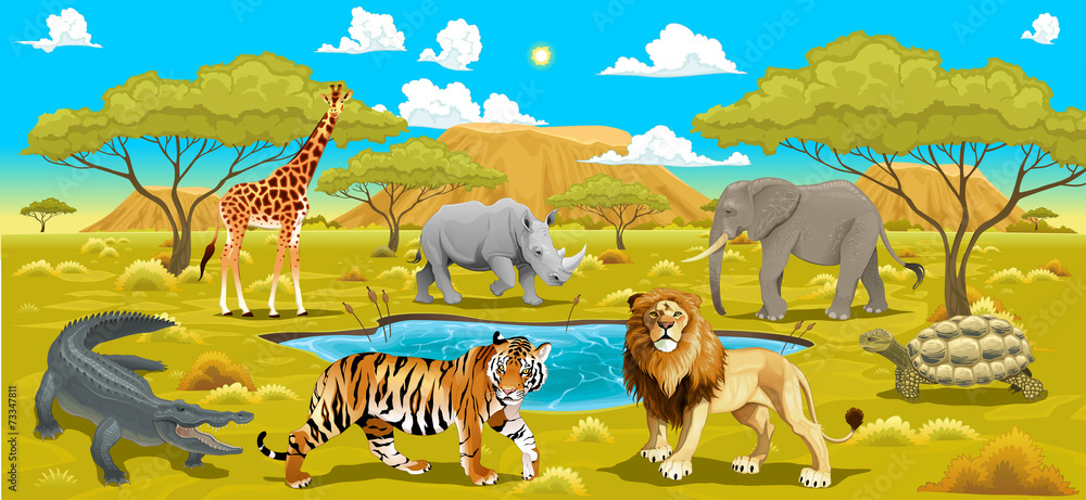 Naklejka premium African landscape with animals.