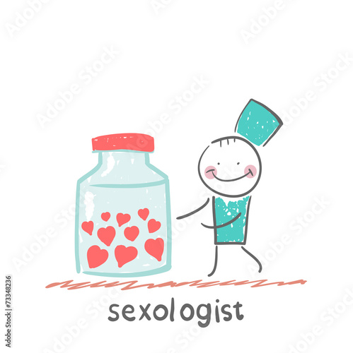 Sexologist stands near the banks filled with hearts