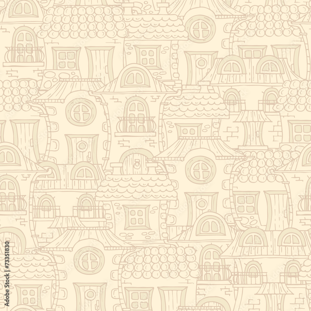 Vector pattern with cartoon, hand drawn houses