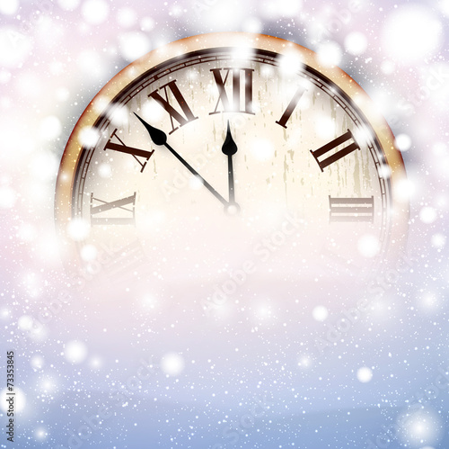 New year clock with snowy background.