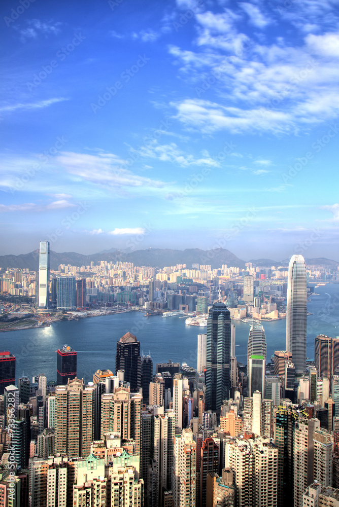 Hong Kong Skyline at Sunset at Sunny Day