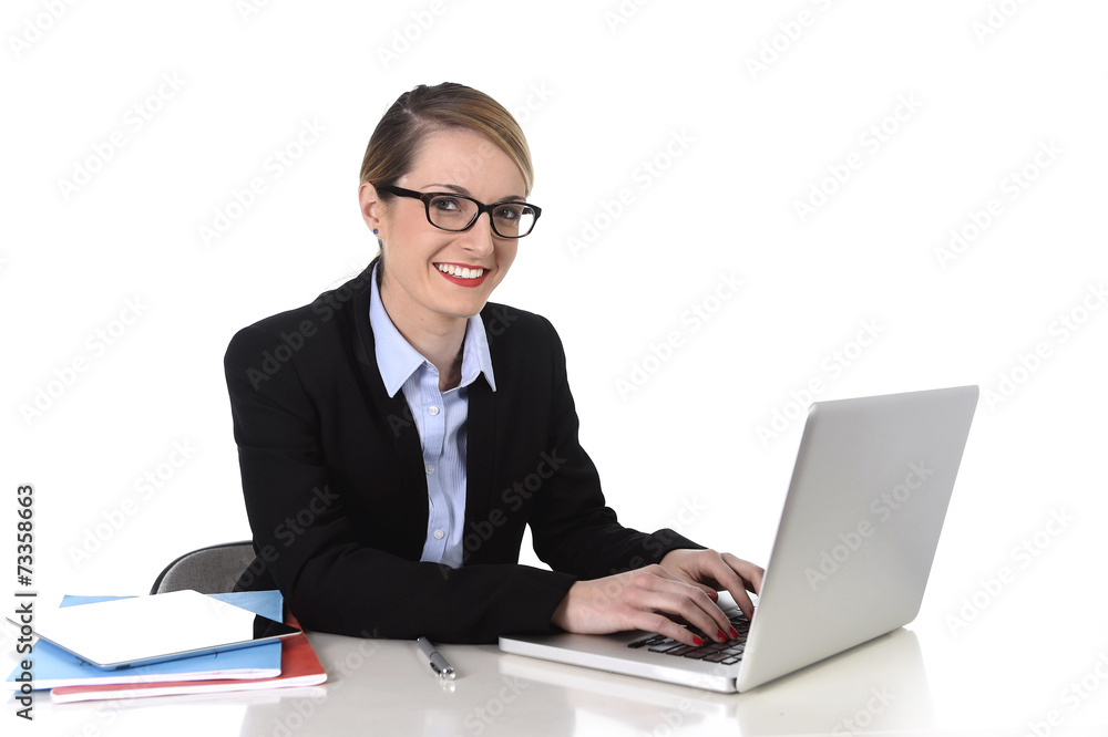 attractive businesswoman working happy with computer in success attractive businesswoman working happy with computer in success