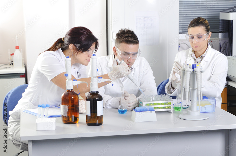 Attractive young PhD students scientists observing in the labora Attractive young PhD students scientists observing in the labora