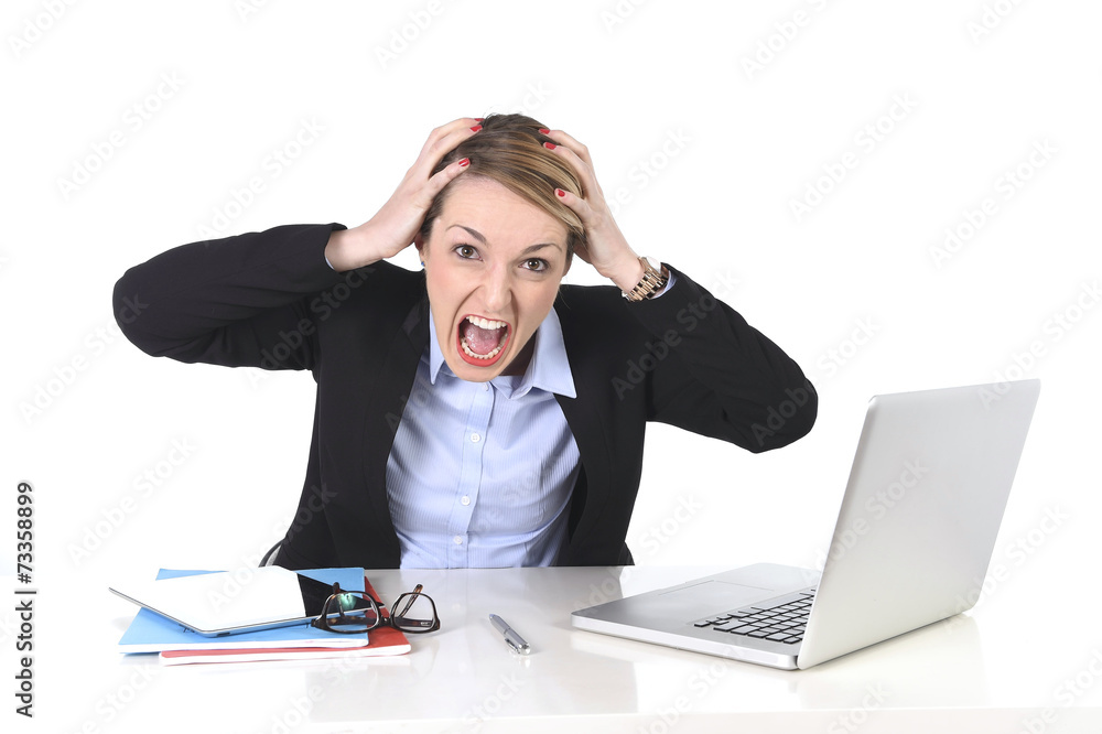 businesswoman frustrated at office working on computer in stress businesswoman frustrated at office working on computer in stress