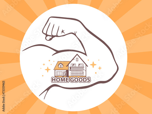 Vector illustration of strong man hand with  icon of home goods