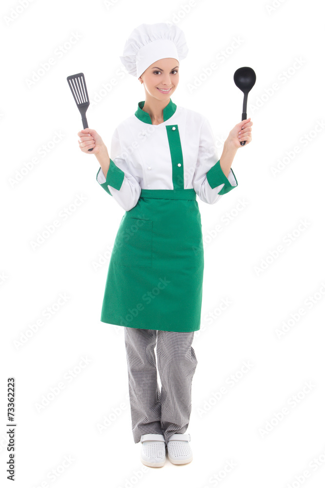 woman in green chef uniform - full length isolated on white woman in green chef uniform - full length isolated on white