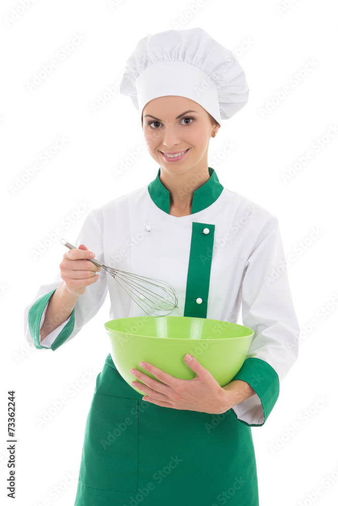 young happy woman in chef uniform with corolla and bowl isolated young happy woman in chef uniform with corolla and bowl isolated
