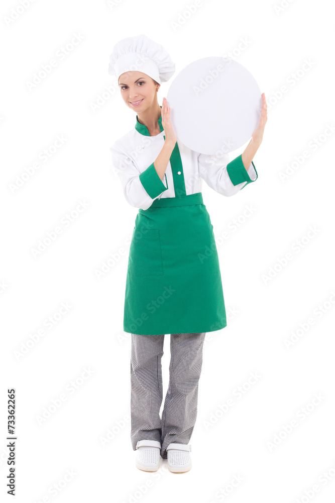 young chef woman in uniform holding big empty plate with copysp young chef woman in uniform holding big empty plate with copysp