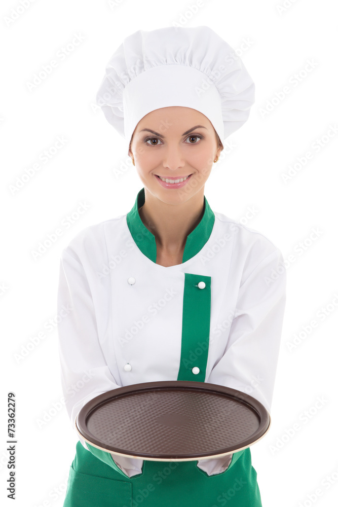 young chef woman in uniform showing empty plate isolated on whit young chef woman in uniform showing empty plate isolated on whit