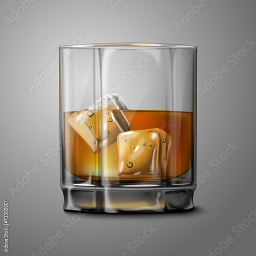 Realistic Vector glass with smokey Scotch Whiskey and ice