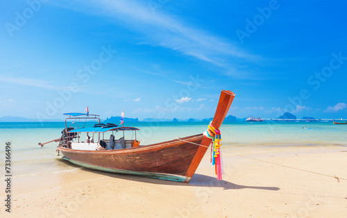 Long tail boat on tropical beach  Krabi  Thailand
