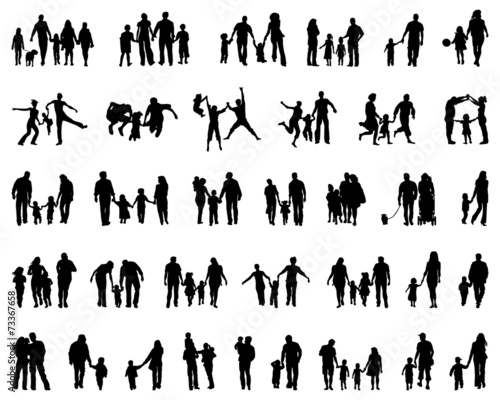 Big set of black silhouettes of families, vector