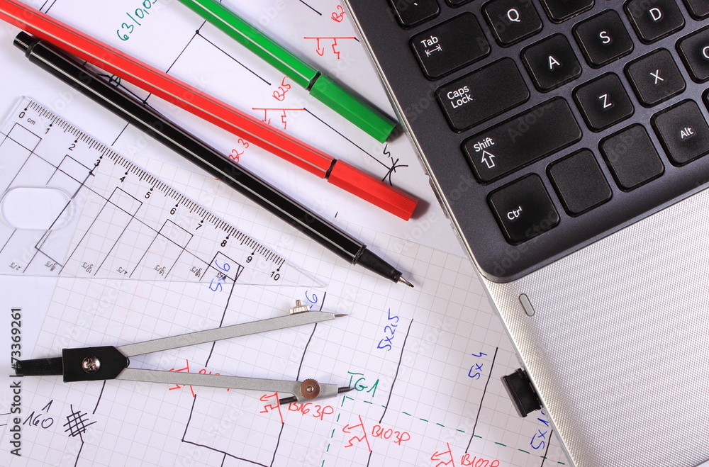 Electrical diagrams, accessories for drawing and laptop Electrical diagrams, accessories for drawing and laptop