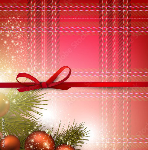 Christmas background with red bow and fir twigs garland on textu