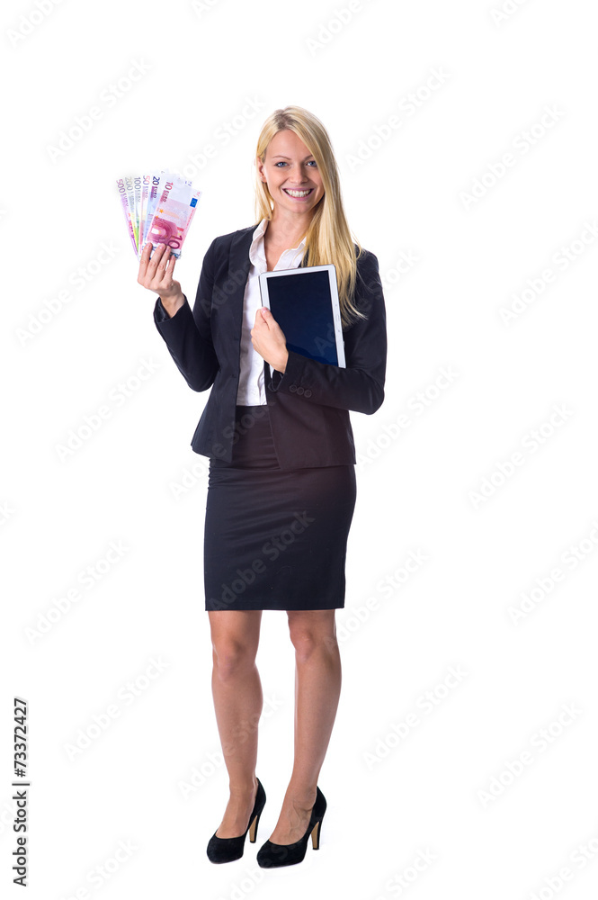 Blondine hält Geld und Tablet in der Hand Blondine hält Geld und Tablet in der Hand