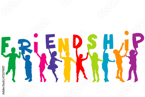 Children silhouettes holding letters with word FRIENDSHIP