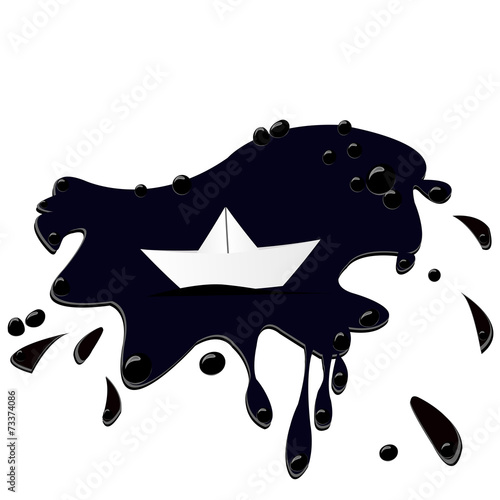 Paper sailing boat on petroleum puddle