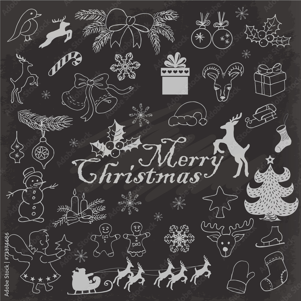 Set of Christmas objects on a dark background