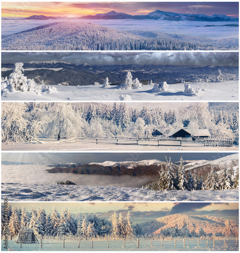 Winter collage with 5 different Christmas landscape for banners.