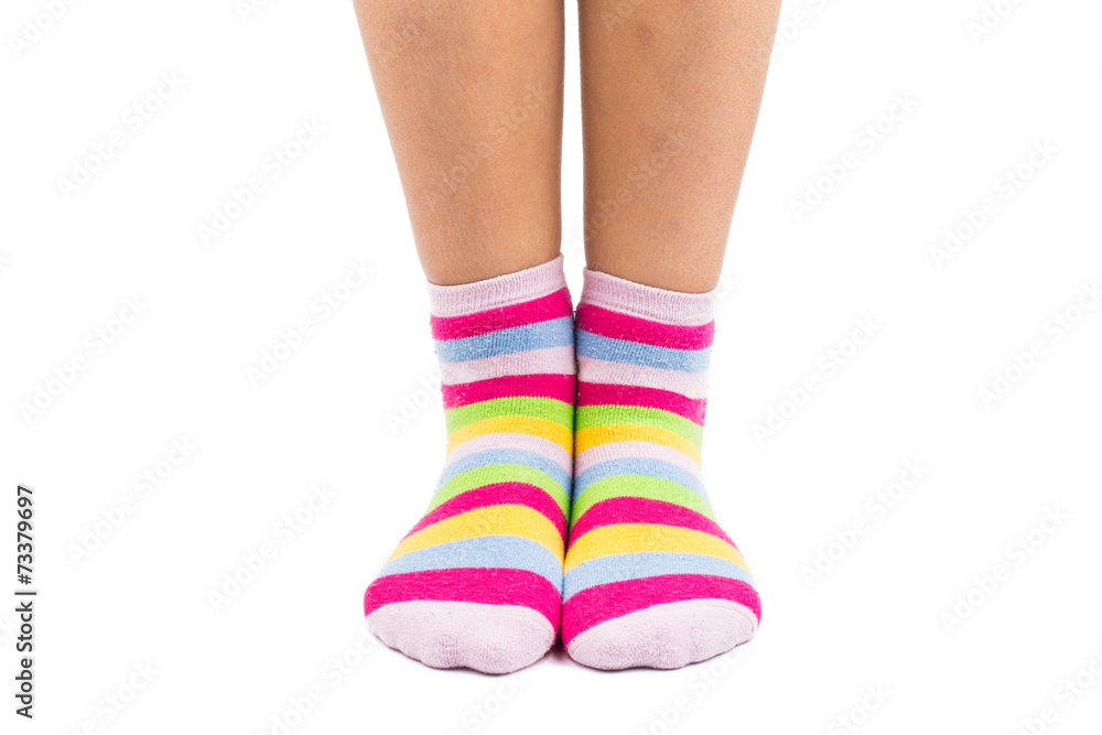 striped socks on the feet