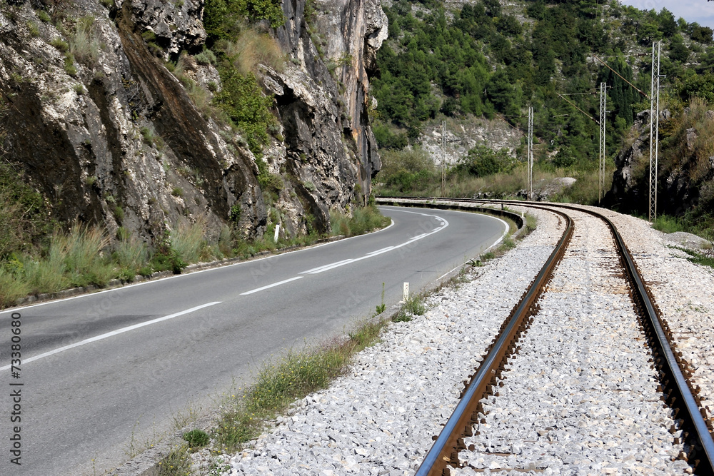 Motor road and railroad in the mountains