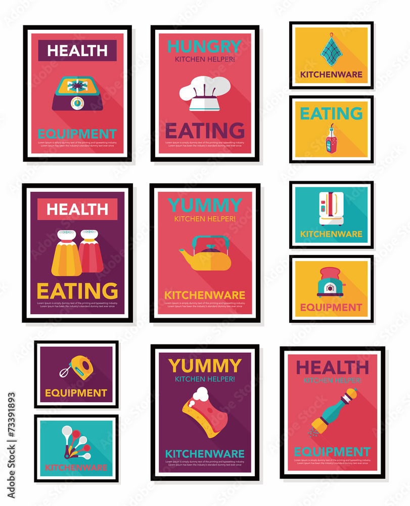 Kitchenware poster flat banner design flat background set, eps10 Stock