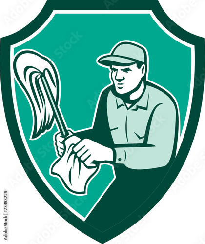 Janitor Cleaner Holding Mop Cloth Shield Retro