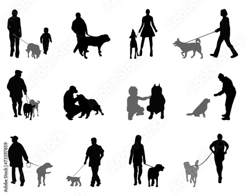 Silhouettes of people and dogs, vector