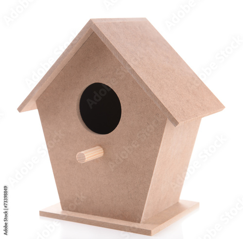 Fotografering Wooden birdhouse for hand made decor, isolated on white