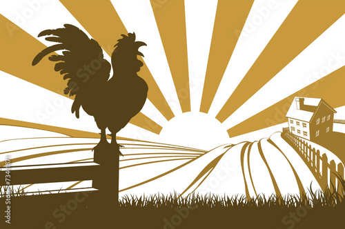 Slika na platnu Silhouette cockerel crowing on farm