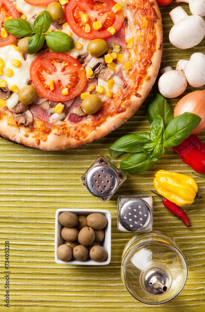 Delicious fresh pizza served on wooden table Delicious fresh pizza served on wooden table