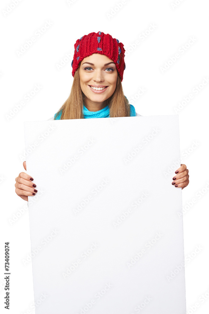 Winter woman with white banner Winter woman with white banner