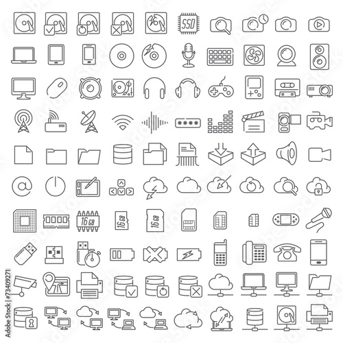One hundred icons of electronics and digital devices