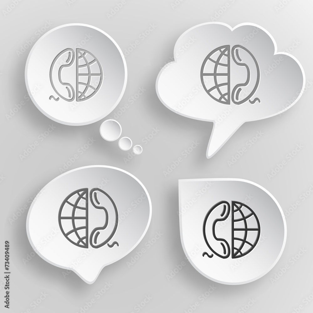 Globe and phone. White flat vector buttons on gray background.