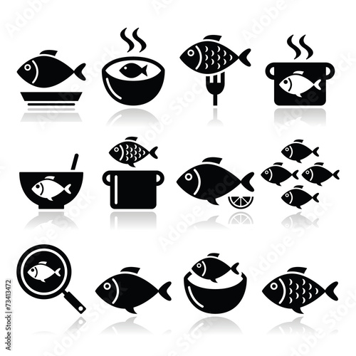 Fish meals icons - soup, chowder, goulash, fried fish