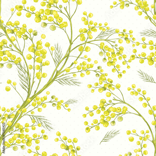 Seamless Spring Pattern with Sprig of Mimosa. © depiano