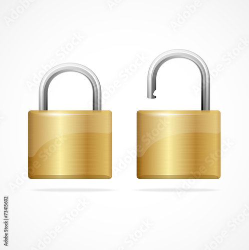 Vector locked and unlocked padlock gold