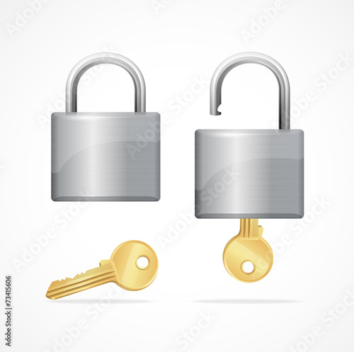 Vector locked and unlocked padlock gold