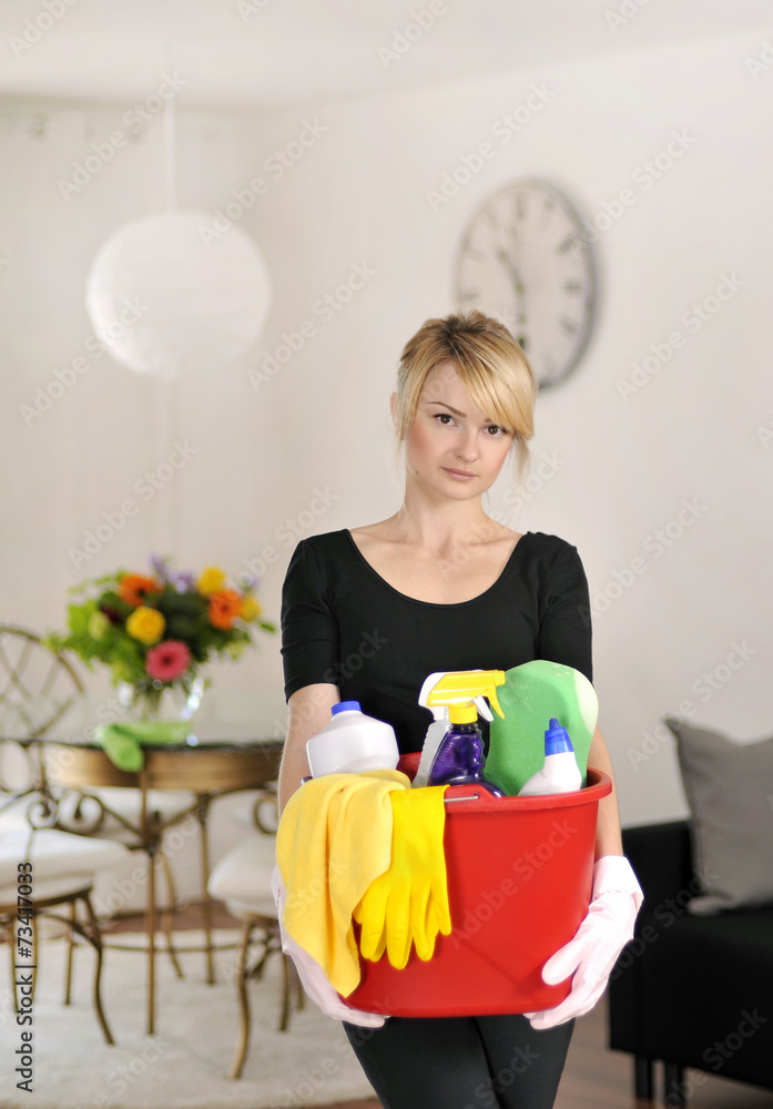 Woman with detergent for wash house Woman with detergent for wash house