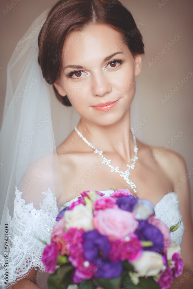 Naklejka premium Happy bride wedding makeup hairstyle bridal day