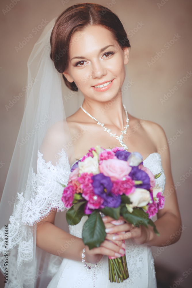 Naklejka premium Happy bride wedding makeup hairstyle bridal day