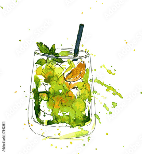 Cocktail glass with mint and orange