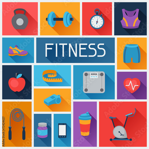 Sports background with fitness icons in flat style.