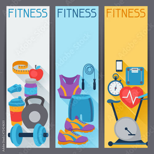 Sports vertical banners with fitness icons in flat style.