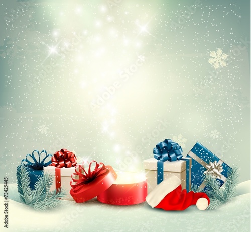 Christmas holiday background with presents and magic box. Vector