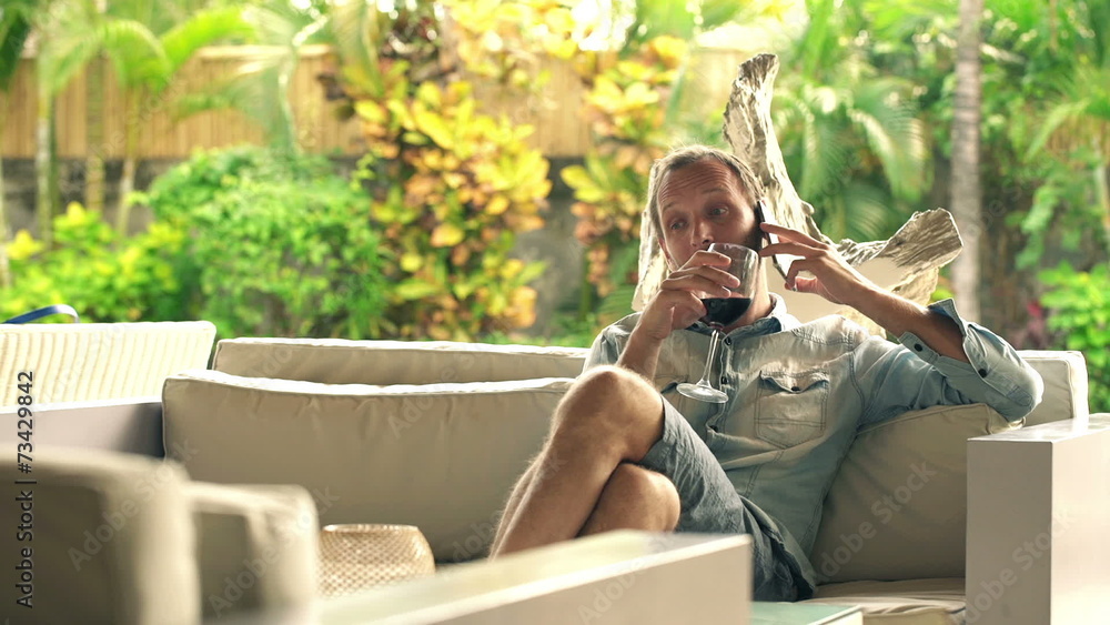 Man talking on cellphone while drinking wine on sofa at home Man talking on cellphone while drinking wine on sofa at home